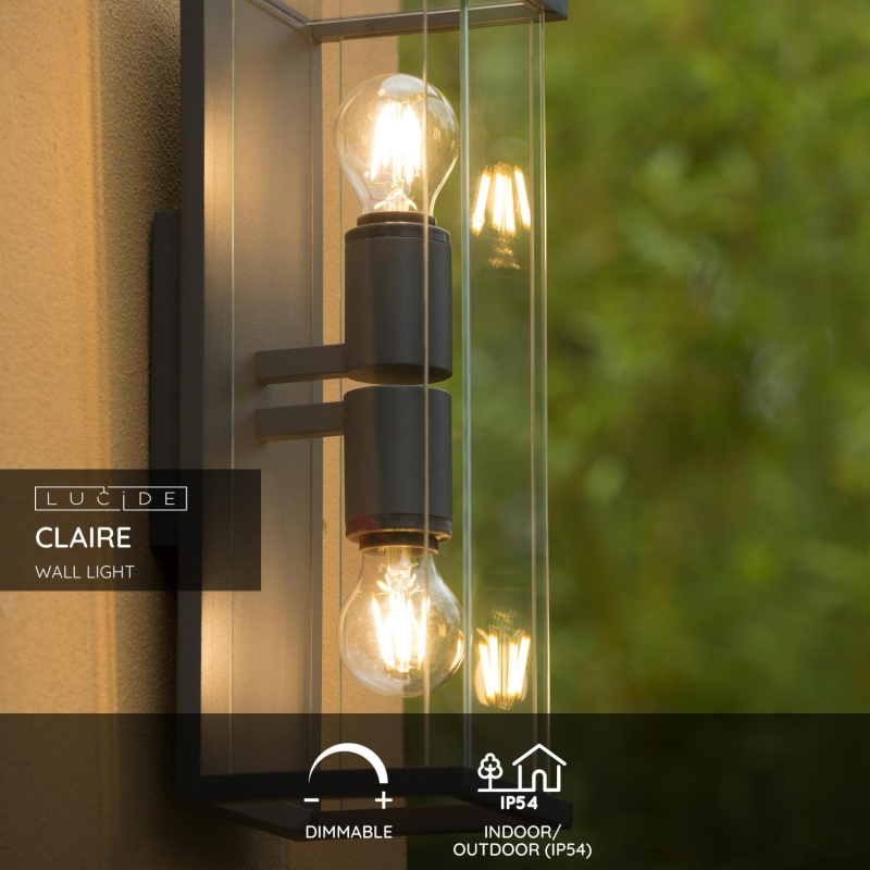 Lucide CLAIRE - Nástenné svietidlo Vonkajšie - 2xE27 - IP54 - Antracit